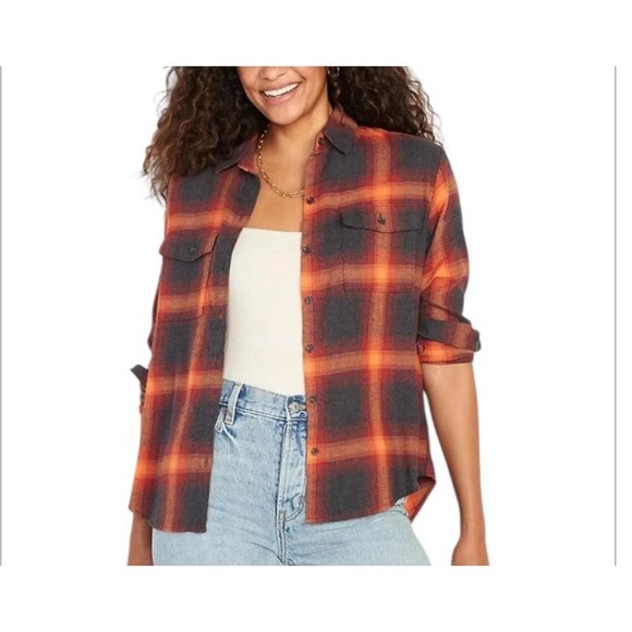 Old Navy Evermore Swiftie Orange Flannel Women's S Plaid Crop Boyfriend Shirt - Picture 4 of 12
